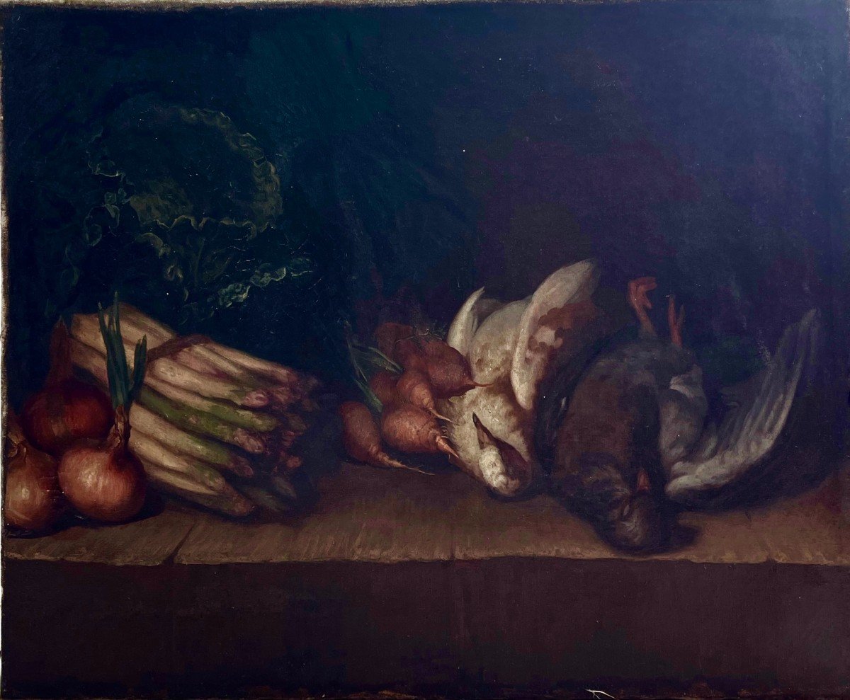 Nature Morte à La Caille, Non Signé, XIXe, Huile Sur Toile, 55x64 Cm, Sans Cadre