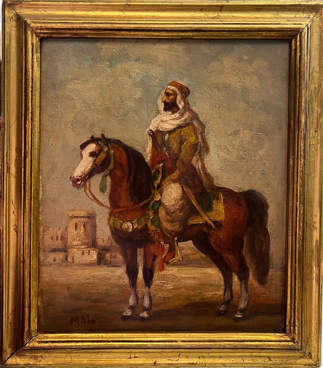 Paire de cavaliers orientaux, Signé Malo, XXe, Huile Sur Toile, 37x31 Cm, Avec Cadre-photo-2