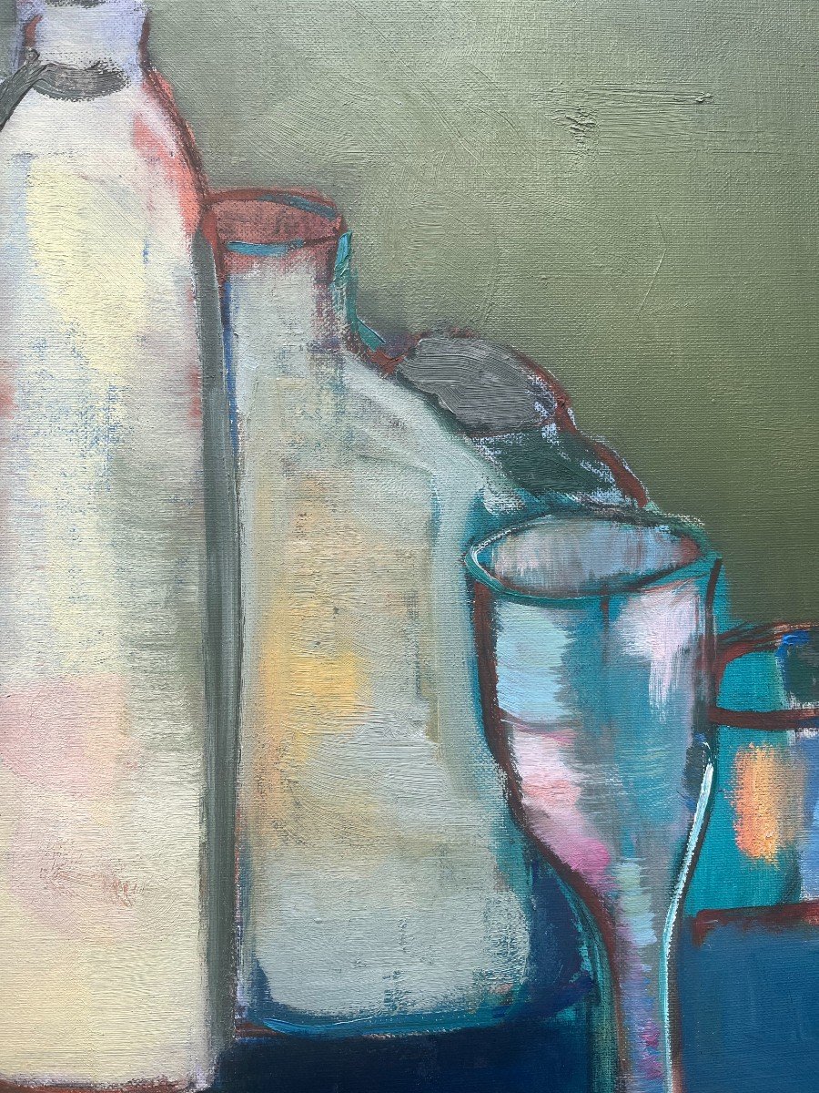 Still Life Blue And Green, Unsigned, 20th Century, Oil On Canvas, 61x50 Cm, Unframed-photo-1