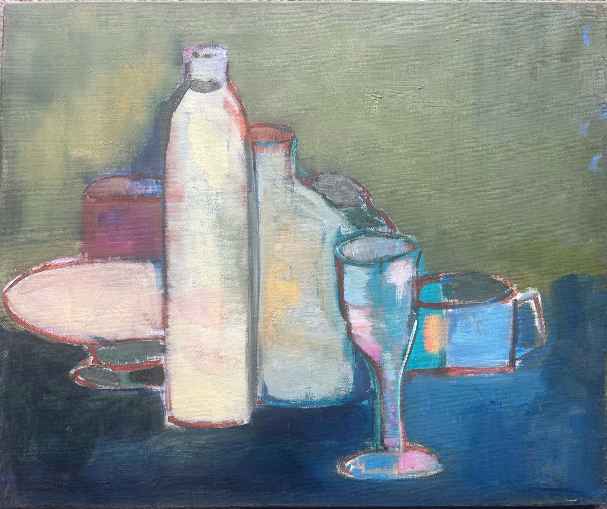 Nature Morte Bleu Et Vert, Non Signé, XXe, Huile Sur Toile, 61x50 Cm, Sans Cadre