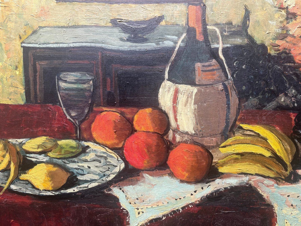 Nature Morte Oranges Et Bananes, Signé Bertoldo Taubert, XXe, Huile Sur Toile-photo-2