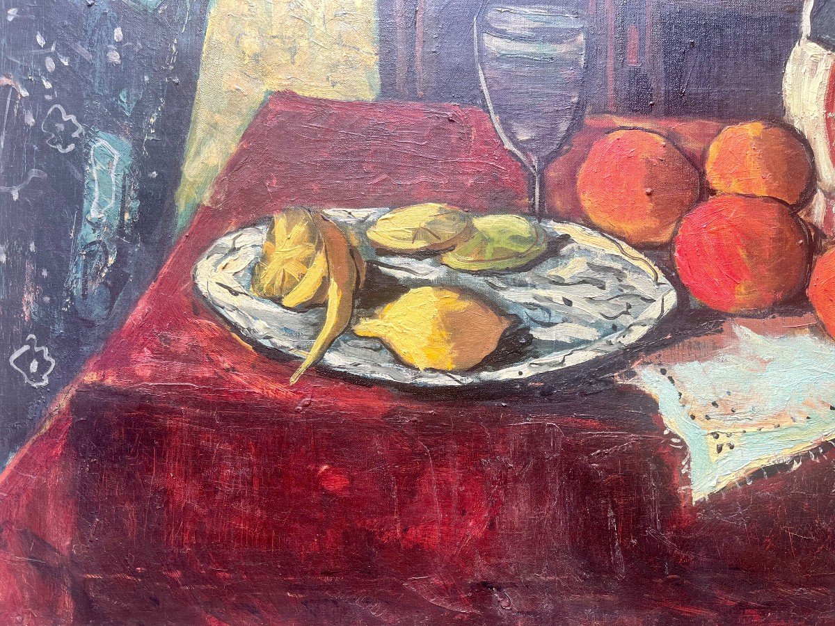 Nature Morte Oranges Et Bananes, Signé Bertoldo Taubert, XXe, Huile Sur Toile-photo-1