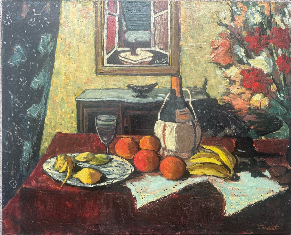 Nature Morte Oranges Et Bananes, Signé Bertoldo Taubert, XXe, Huile Sur Toile