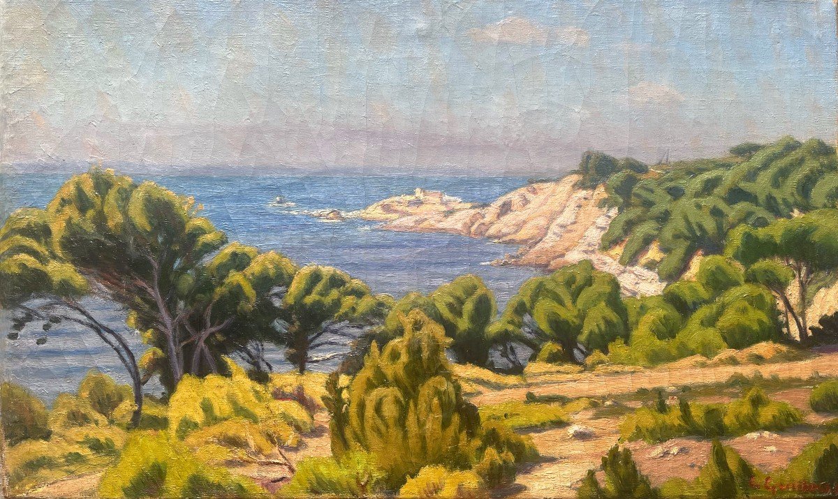 Paysage Baie De Sanary - Six-fours,  Signé Charles Victor Guilloux, XXe, Huile Sur Toile, Titré