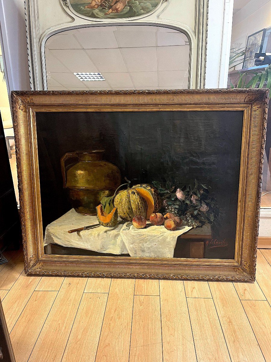 Large Still Life With Squash, Signed H Le Charles, 20th Century, Oil On Canvas, 150x120 Cm-photo-2