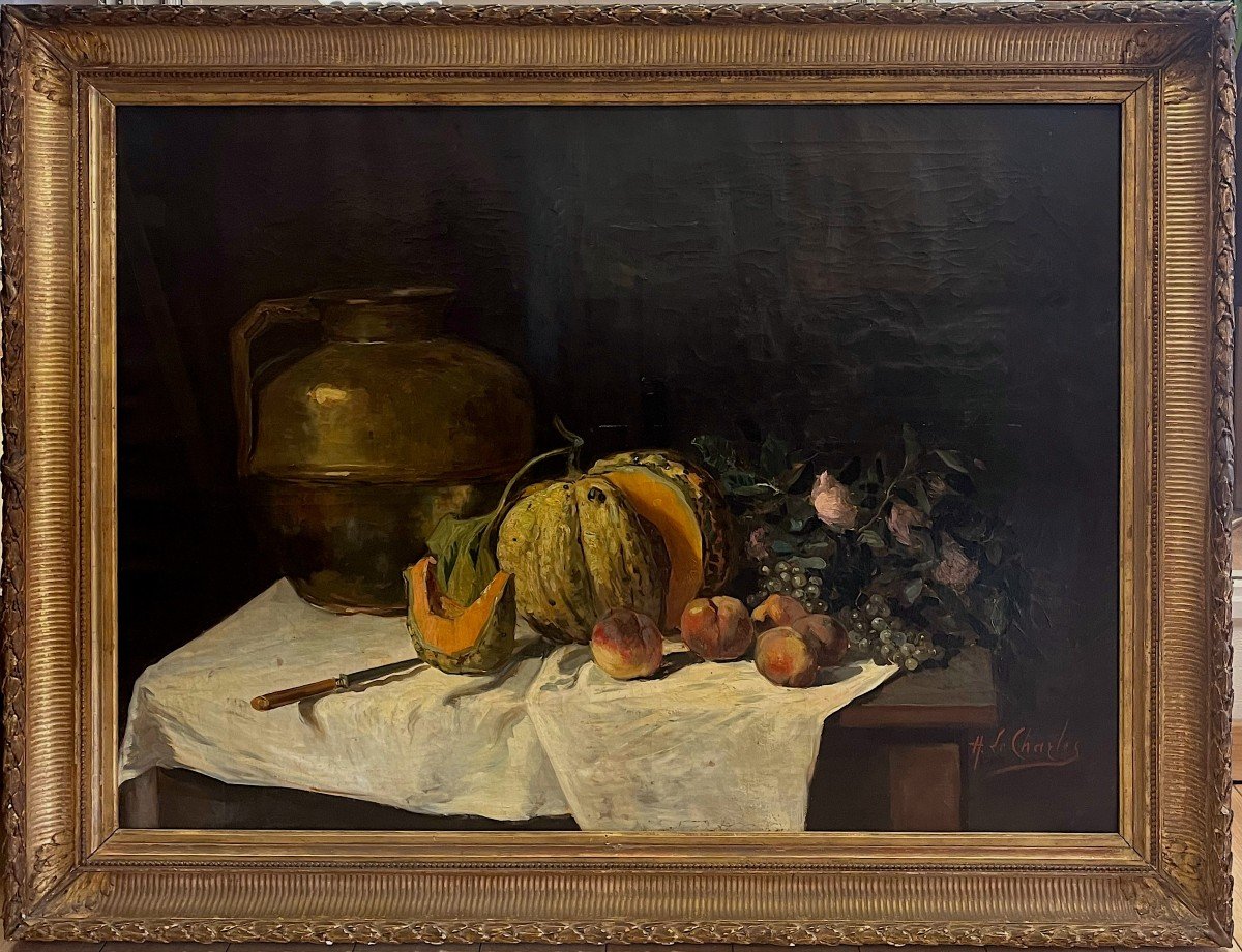 Large Still Life With Squash, Signed H Le Charles, 20th Century, Oil On Canvas, 150x120 Cm