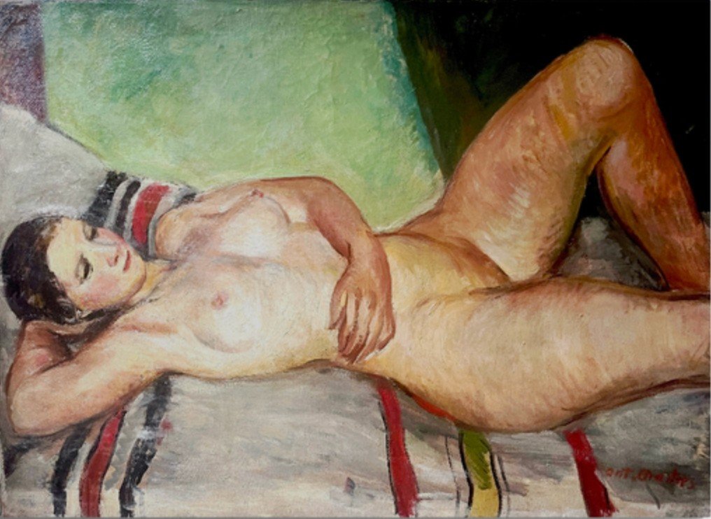 Femme Brune Allongée, Signé Antoine Chartres, XXe Huile Sur Toile, 105x176cm, Sans Cadre