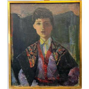 Oil On Canvas - Portrait Young Man With Shawl