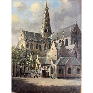 Huile Sur Bois - Église Saint-Bavon de Haarlem signée Jacobus Lambertus DISPO