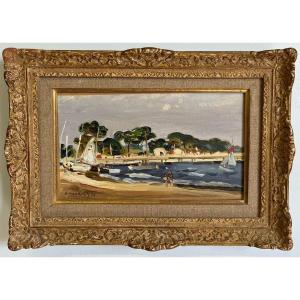 Oil On Canvas - Beach At The Port Of Hyères Signed Robert Mendoze