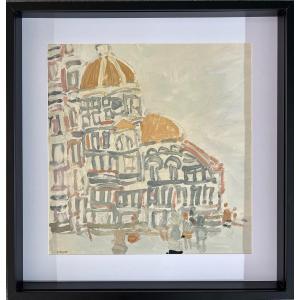 Oil On Paper - View Of Florence Signed Coquet