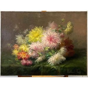 Oil On Canvas - Bouquet Of Dahlias Signed Barbaud-koch