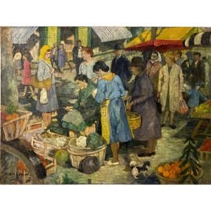 A-M. Lagrange (1903-2000), Scène De Marché, XXe, Huile Sur Toile, Signé, 54x73cm, Sans Cadre