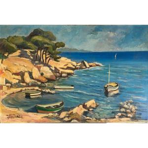 Pomey (?), Bord De Mer, XXe, Huile Sur Toile, 65 X 100 Cm, Sans Cadre  