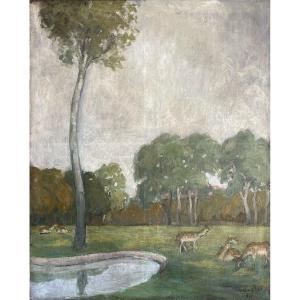 Landscape With Deer, Signed Adrien Bas 1911, Oil On Canvas, 100x81cm, Unframed