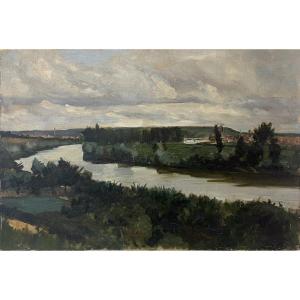 River Landscape, Unsigned 20th Century, Oil On Canvas, 38 X 55 Cm, Unframed