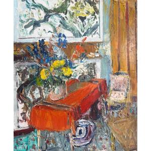 Bouquet On Table, Signed Saint Jean, 1986, Oil On Canvas, 60x81 Cm, Unframed