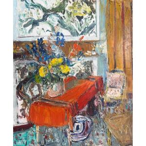 Bouquet Sur Table, Signé Saint Jean, 1986, Huile Sur Toile, 60x81 Cm, Sans Cadre