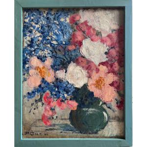 Double Tableaux ! Bouquet, Signé P.genet, 1944, Huile Sur Toile, 55,5x65,5cm, Avec Cadre 