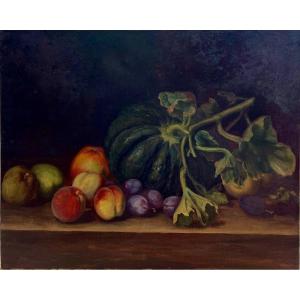 Nature Morte à La Courge, Non Signé, XIXe, Huile Sur Toile, 55x64 Cm, Sans Cadre