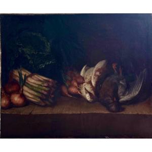 Nature Morte à La Caille, Non Signé, XIXe, Huile Sur Toile, 55x64 Cm, Sans Cadre