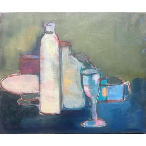 Nature Morte Bleu Et Vert, Non Signé, XXe, Huile Sur Toile, 61x50 Cm, Sans Cadre