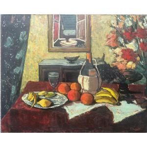 Nature Morte Oranges Et Bananes, Signé Bertoldo Taubert, XXe, Huile Sur Toile