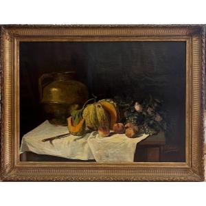 Grande Nature Morte à La Courge, Signé H Le Charles, XXe, Huile Sur Toile, 150x120 Cm