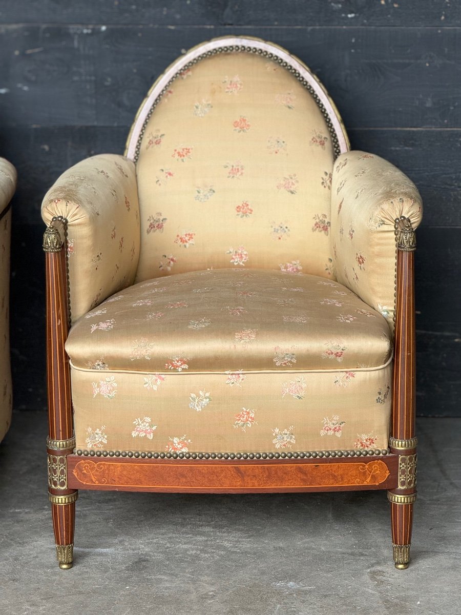 Pair Of Art Deco Marquetry & Bronze Armchairs -photo-2