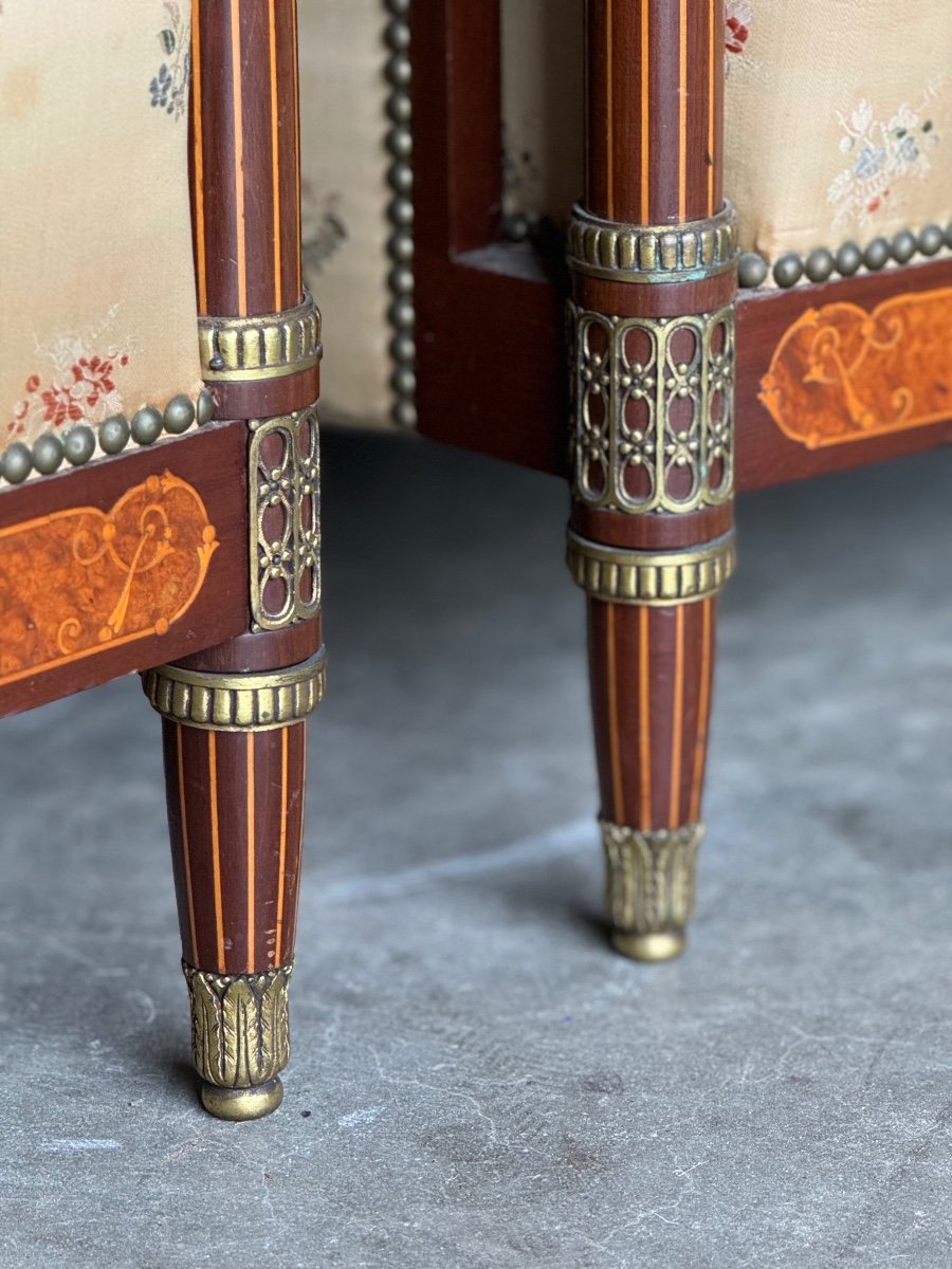 Pair Of Art Deco Marquetry & Bronze Armchairs -photo-3