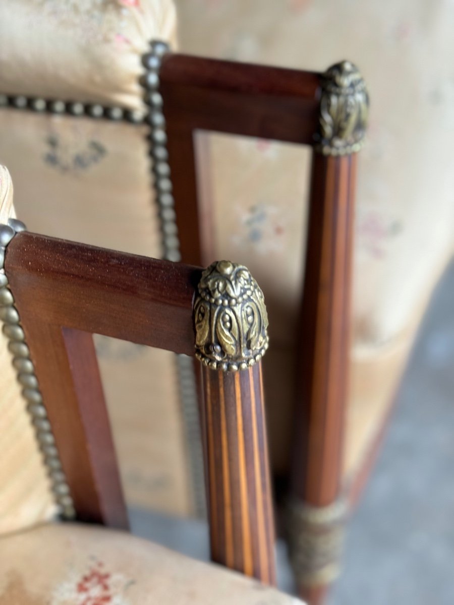 Pair Of Art Deco Marquetry & Bronze Armchairs -photo-4