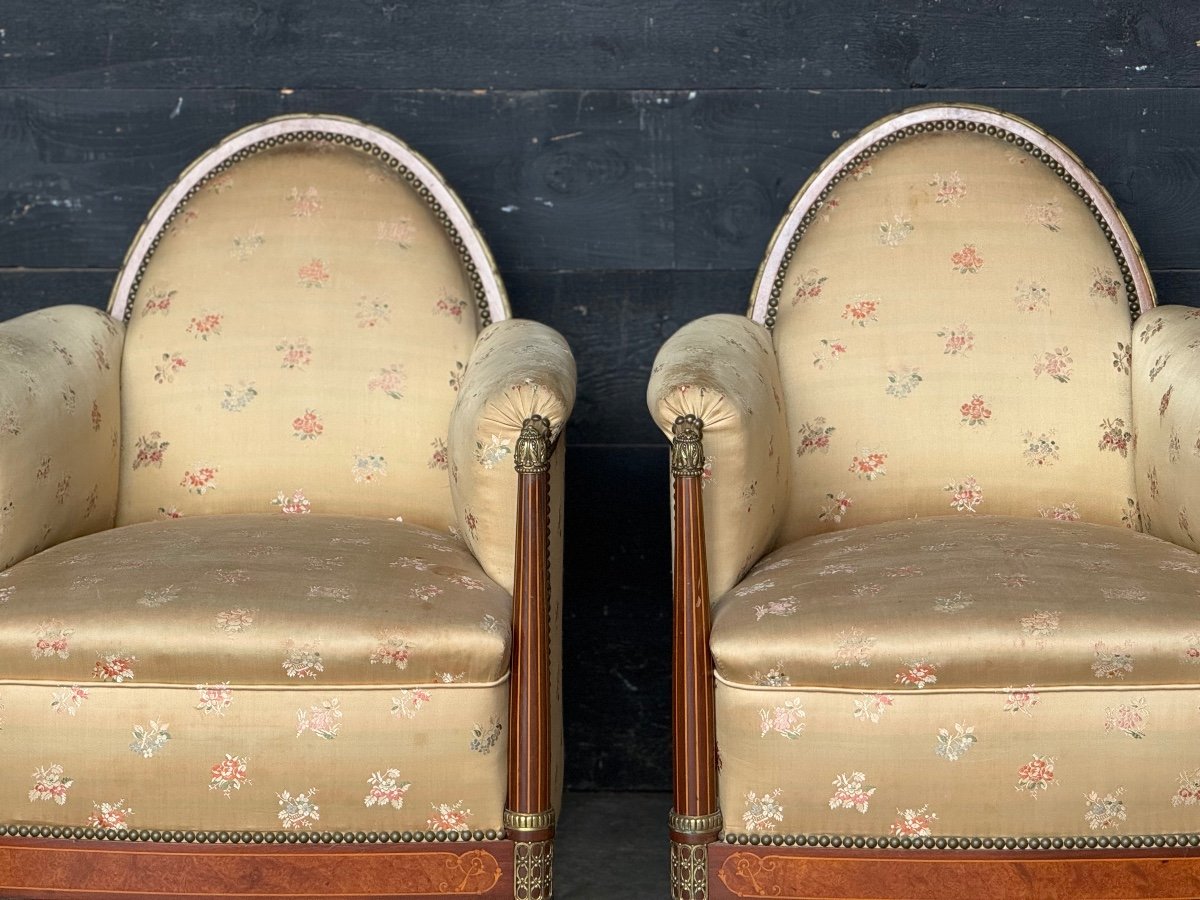 Pair Of Art Deco Marquetry & Bronze Armchairs -photo-1