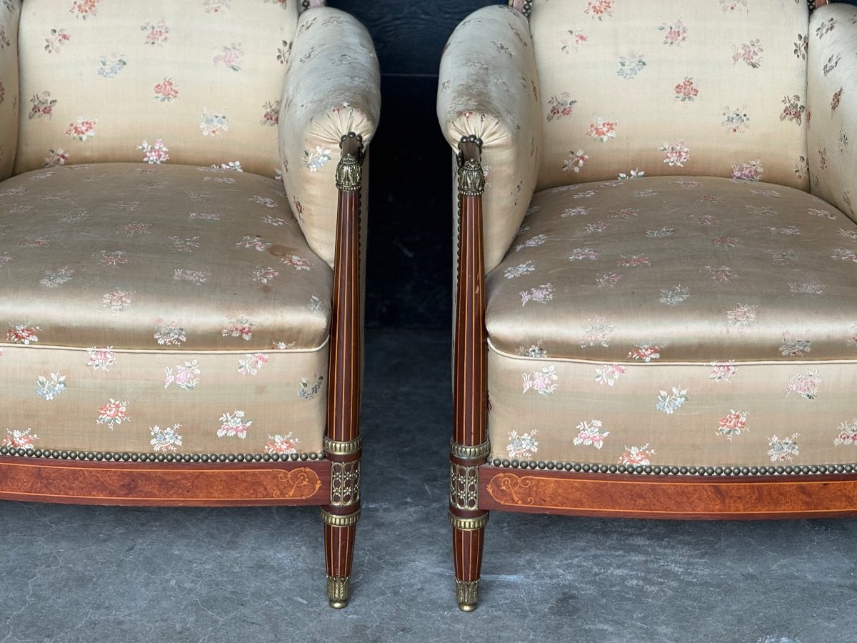 Pair Of Art Deco Marquetry & Bronze Armchairs -photo-6