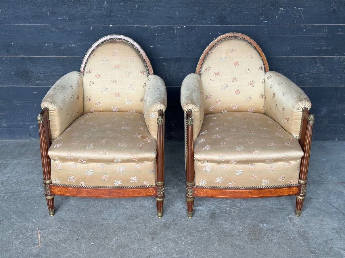 Pair Of Art Deco Marquetry & Bronze Armchairs 