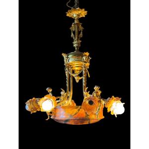 Lustre En Bronze & Albâtre Avec Angelot 19 ème Siècle époque Nap III