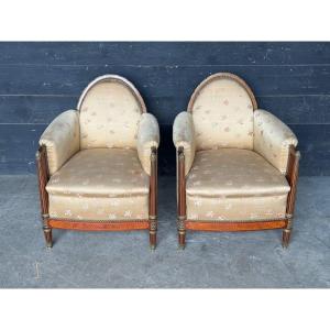 Pair Of Art Deco Marquetry & Bronze Armchairs 