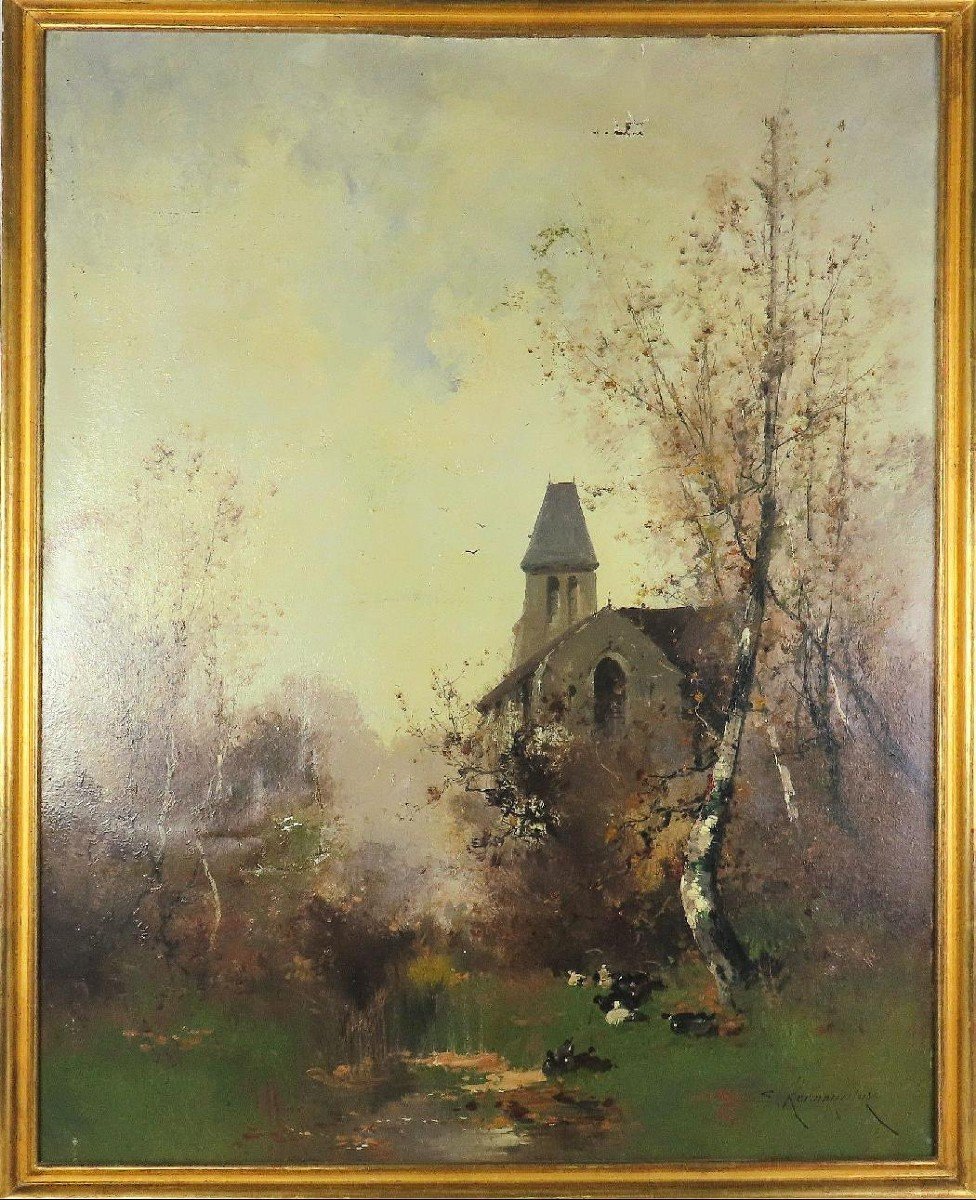 Scène De Village Animé Avec église. Eugène Galien Laloue. HST 92 X 73 cm.