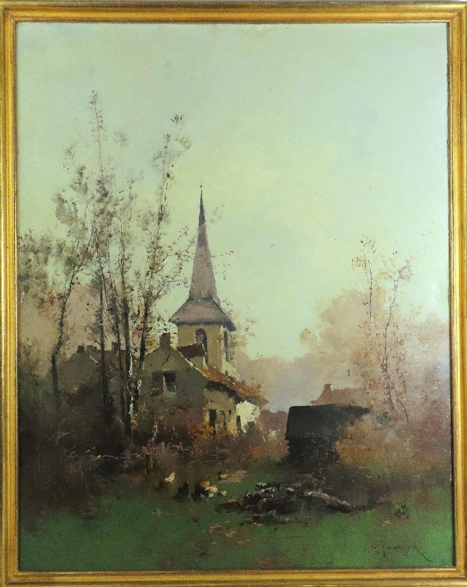 Paysage à L’église-village De Normandie. Eugène Galien Laloue. HST 92 X 73 Cm