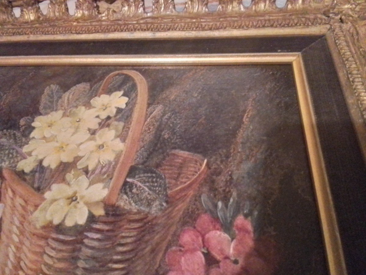 Composition With A Basket Of Flowers On A Natural Background. Vincent Clare. Hst 22 X 30 Cm-photo-2