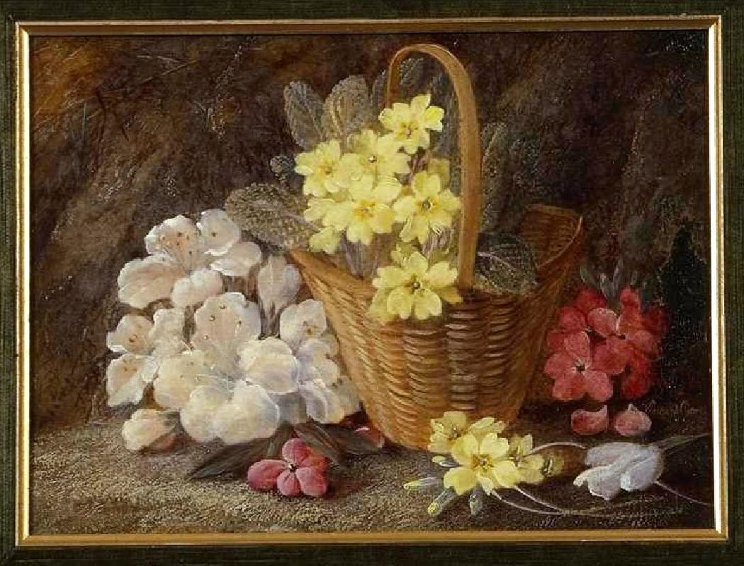 Composition With A Basket Of Flowers On A Natural Background. Vincent Clare. Hst 22 X 30 Cm