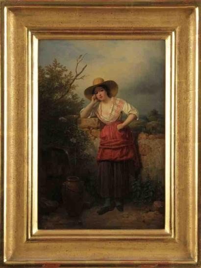 "woman With A Jug" By François Grenier. Oil On Canvas, 20 X 35 Cm.-photo-2