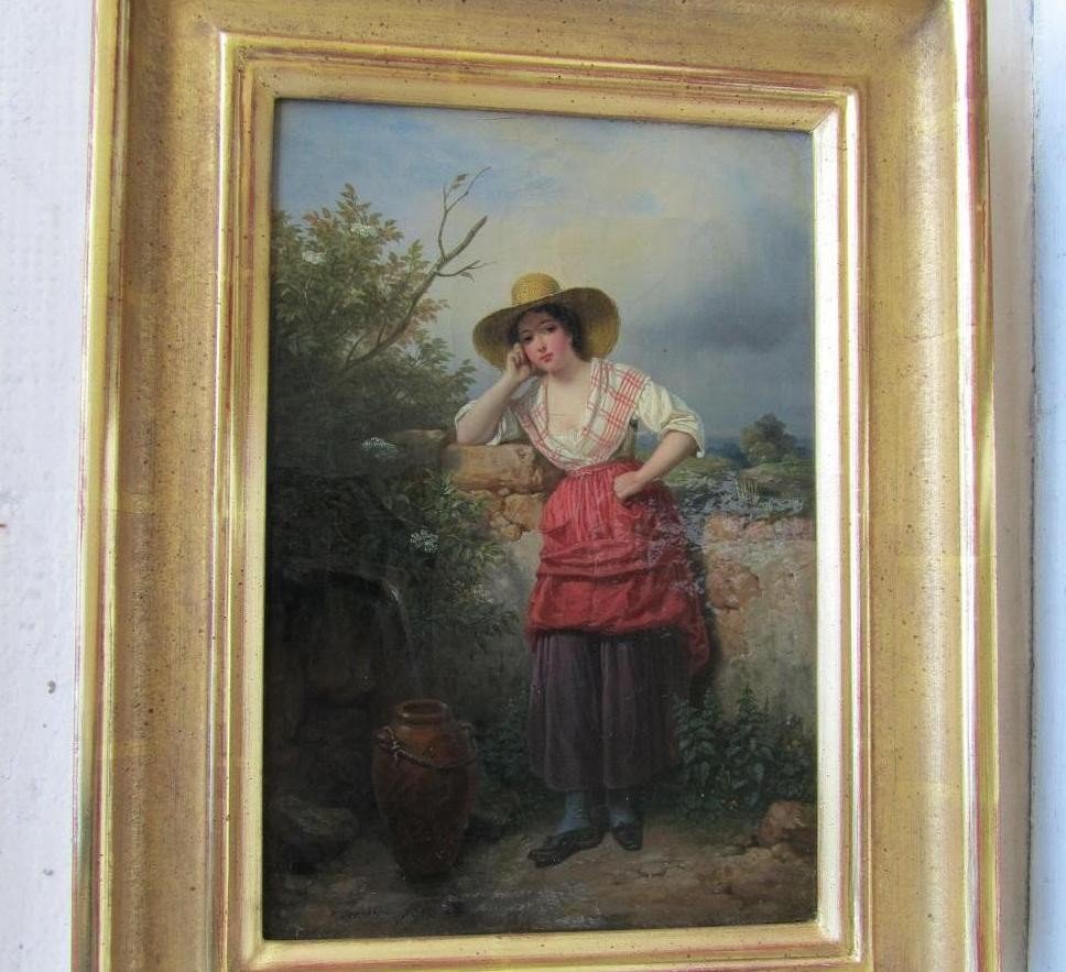 "woman With A Jug" By François Grenier. Oil On Canvas, 20 X 35 Cm.-photo-1