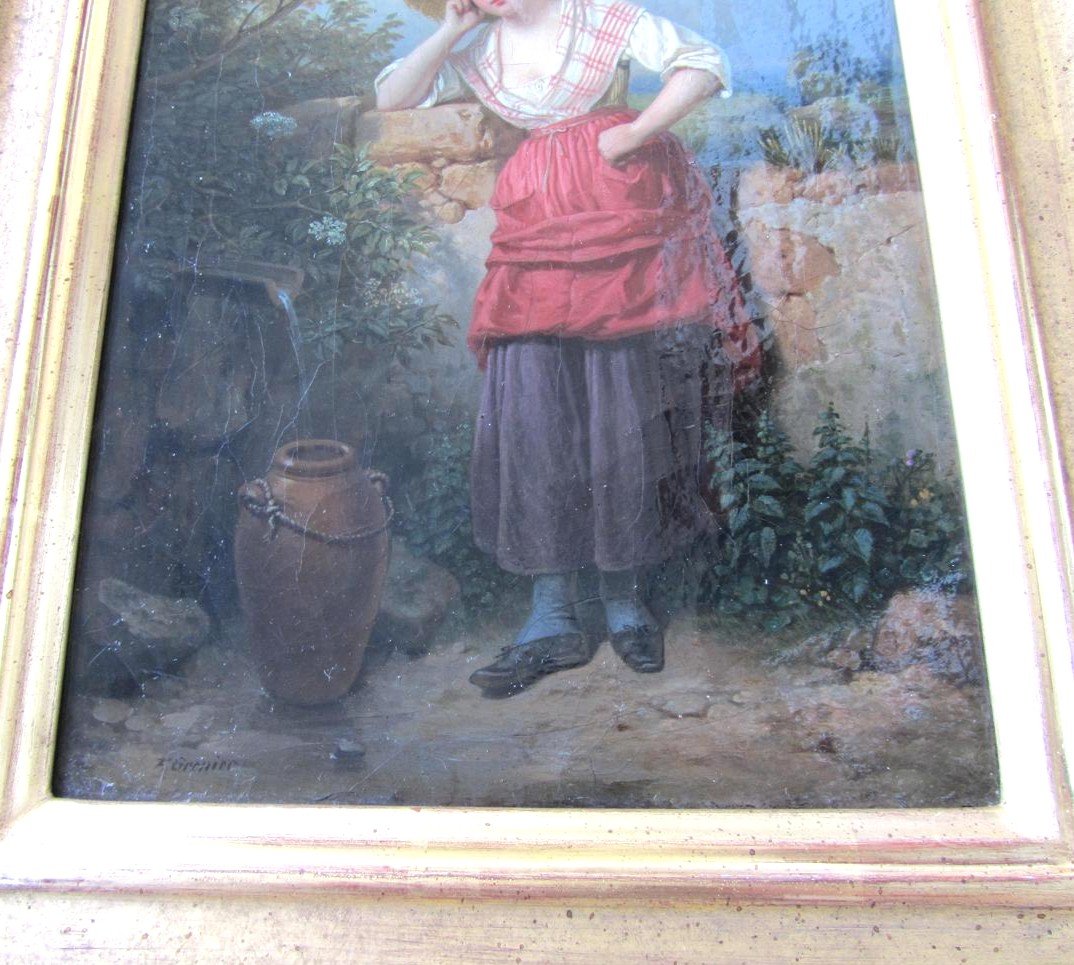 "woman With A Jug" By François Grenier. Oil On Canvas, 20 X 35 Cm.-photo-2