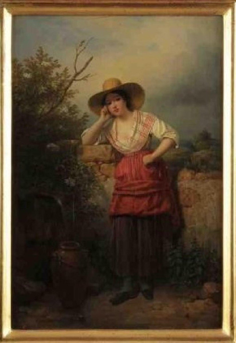 "woman With A Jug" By François Grenier. Oil On Canvas, 20 X 35 Cm.