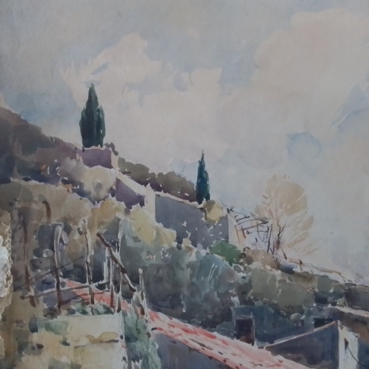 Village de Provence (la Gattière). Paul Émile Lecomte. Aquarelle Sur Carton. 50 X 65 cm-photo-2