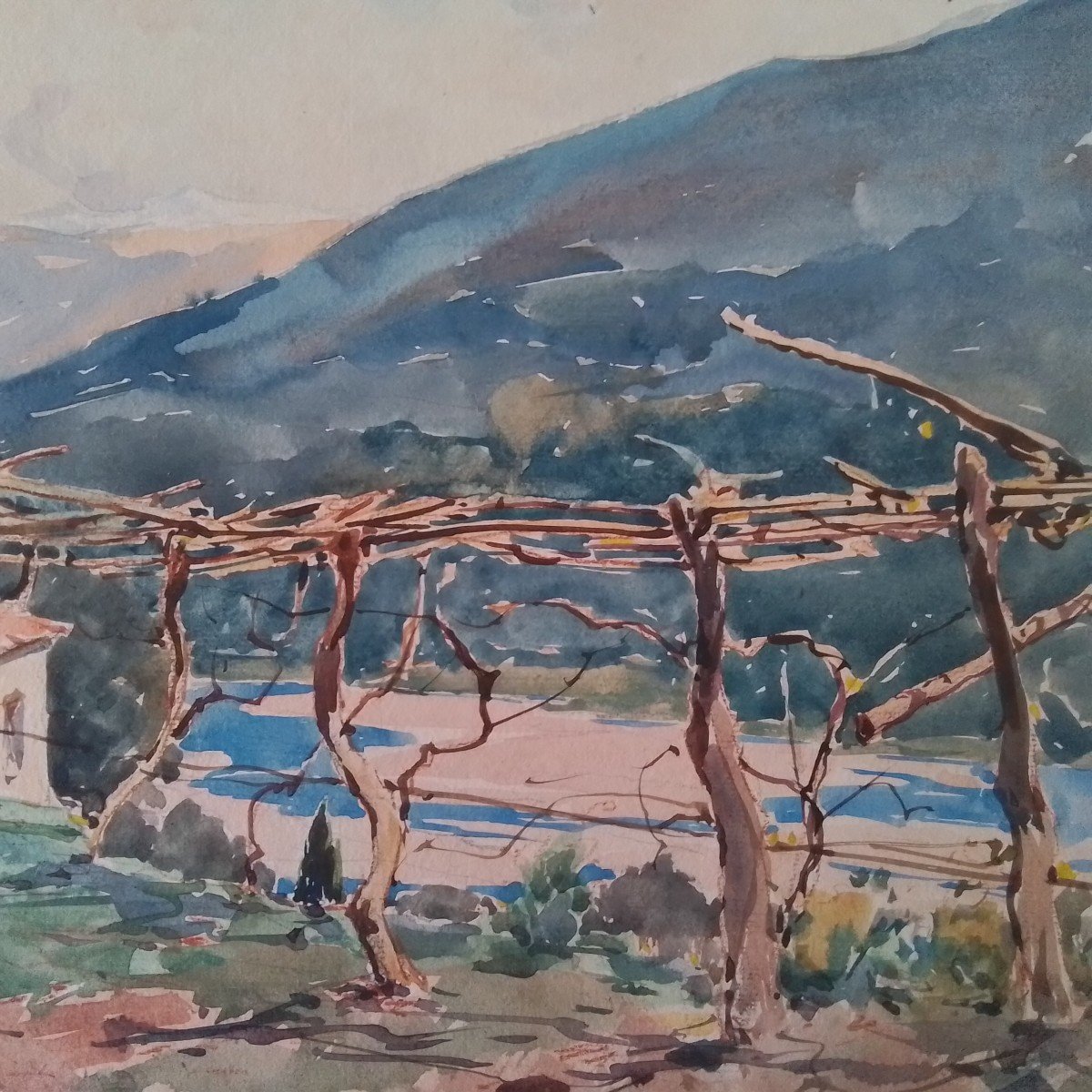 Village de Provence (la Gattière). Paul Émile Lecomte. Aquarelle Sur Carton. 50 X 65 cm-photo-3