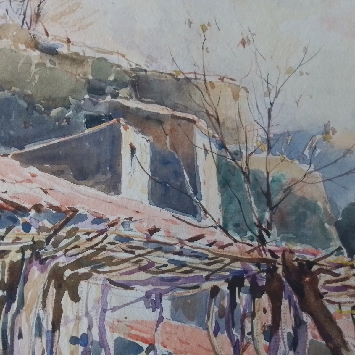 Village de Provence (la Gattière). Paul Émile Lecomte. Aquarelle Sur Carton. 50 X 65 cm-photo-3