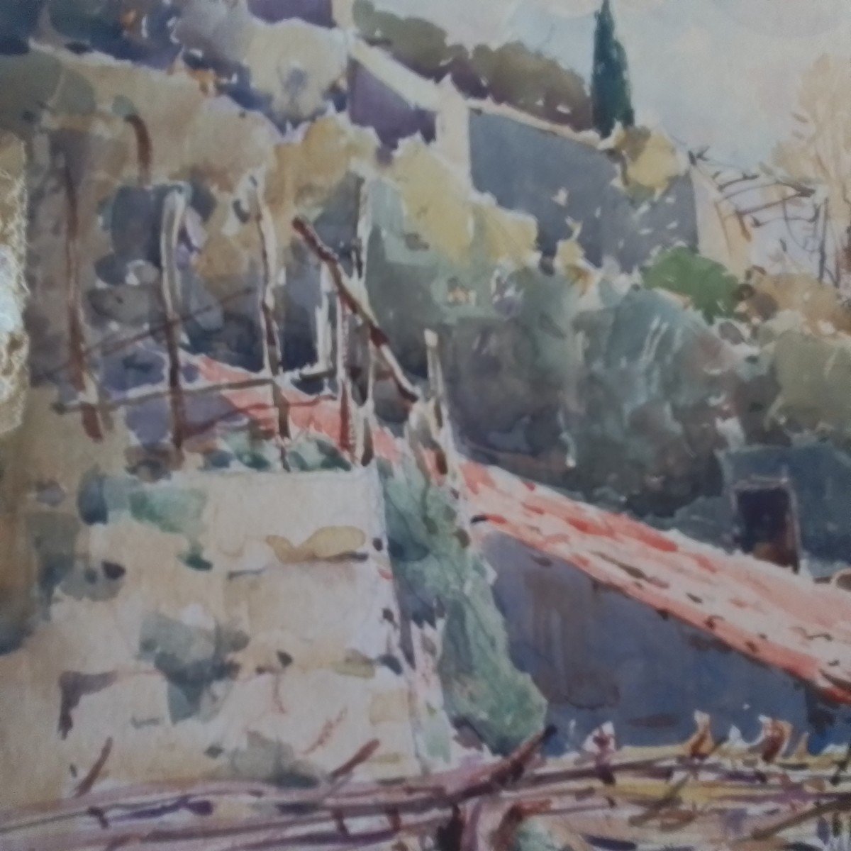 Village de Provence (la Gattière). Paul Émile Lecomte. Aquarelle Sur Carton. 50 X 65 cm-photo-4