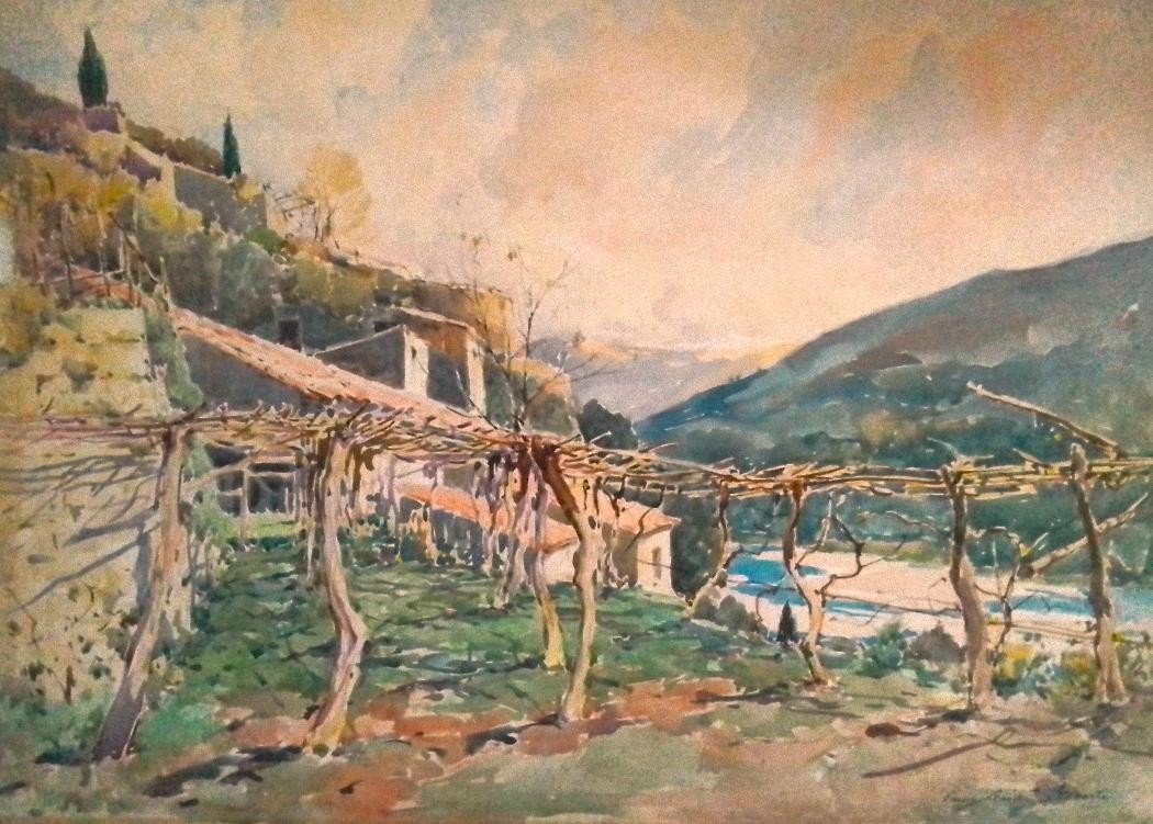 Village Of Provence (la Gattière). Paul émile Lecomte. Watercolor On Cardboard. 50 X 65 Cm