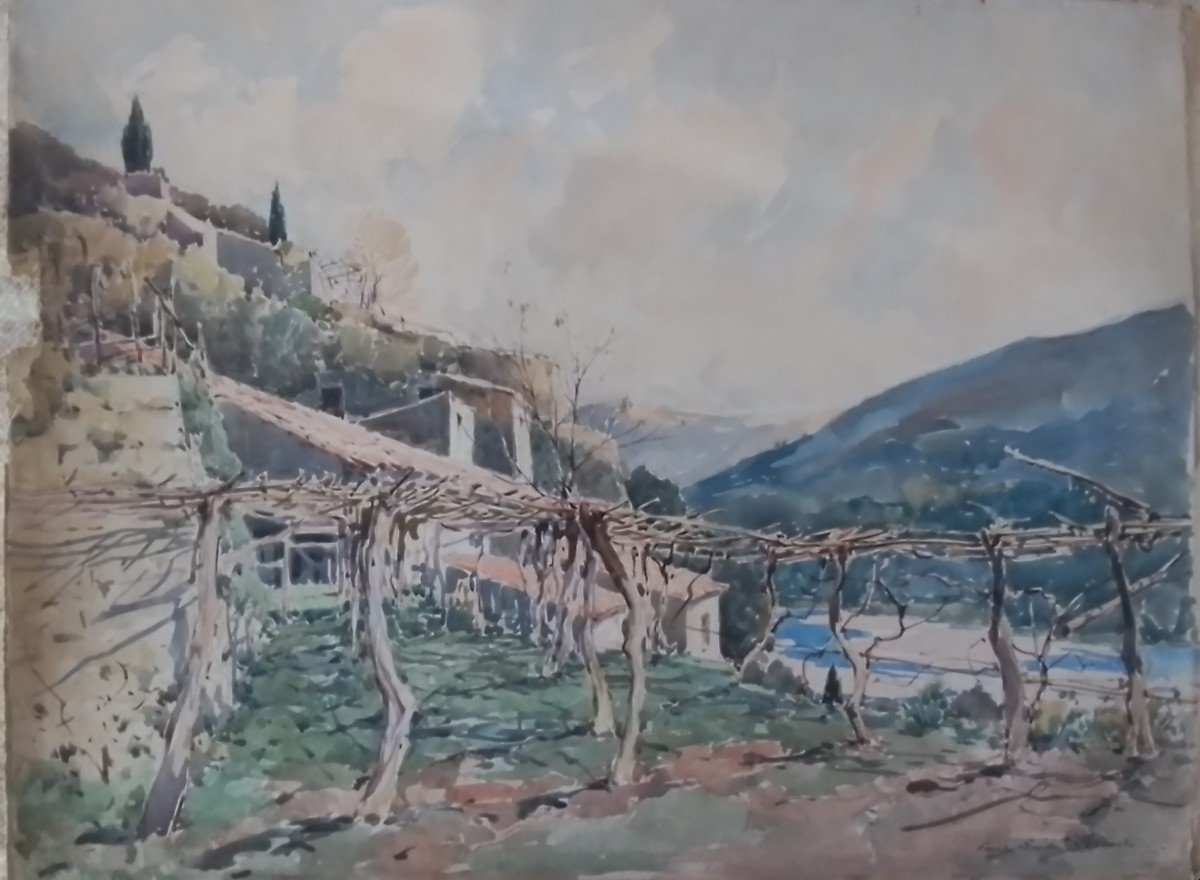 Village de Provence (la Gattière). Paul Émile Lecomte. Aquarelle Sur Carton. 50 X 65 cm